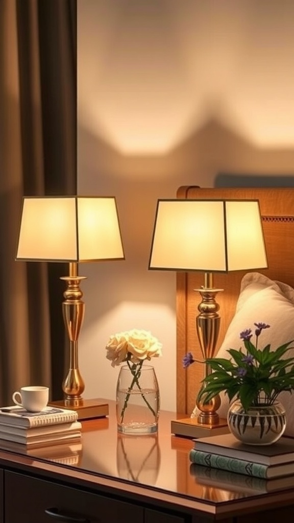 Two stylish bedside lamps with soft light, a vase of flowers, and books on a nightstand.