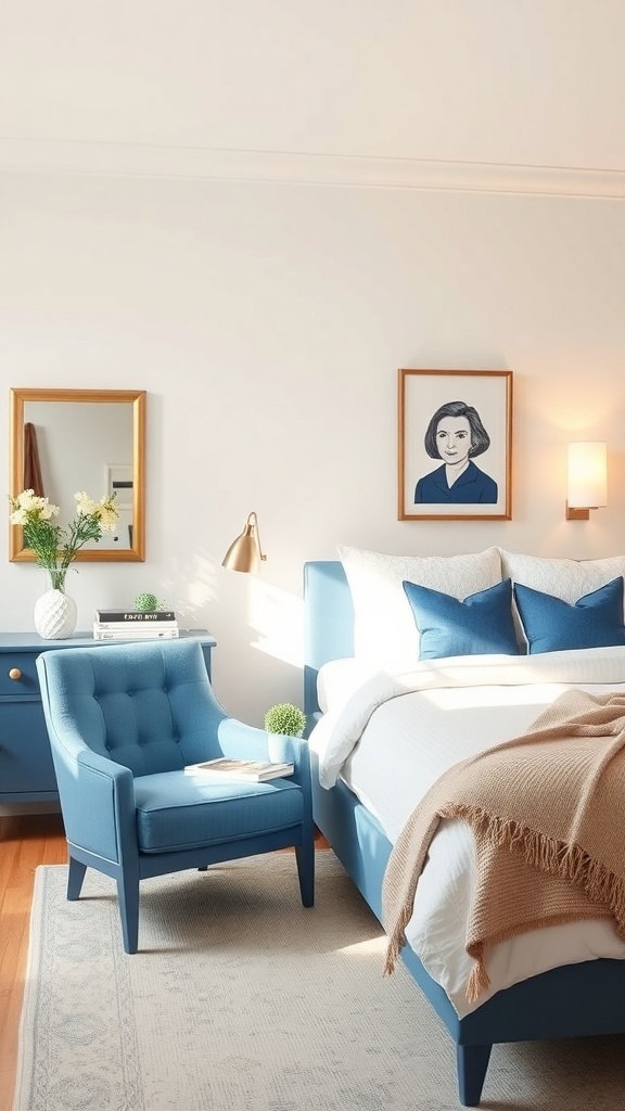 A stylish blue and cream bedroom featuring blue accent furniture, including a plush armchair and a nightstand.