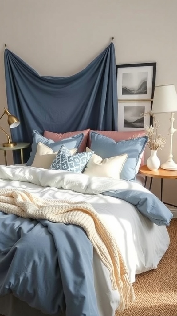 A cozy bedroom featuring blue and cream bedding layers, with decorative pillows and a soft blanket.
