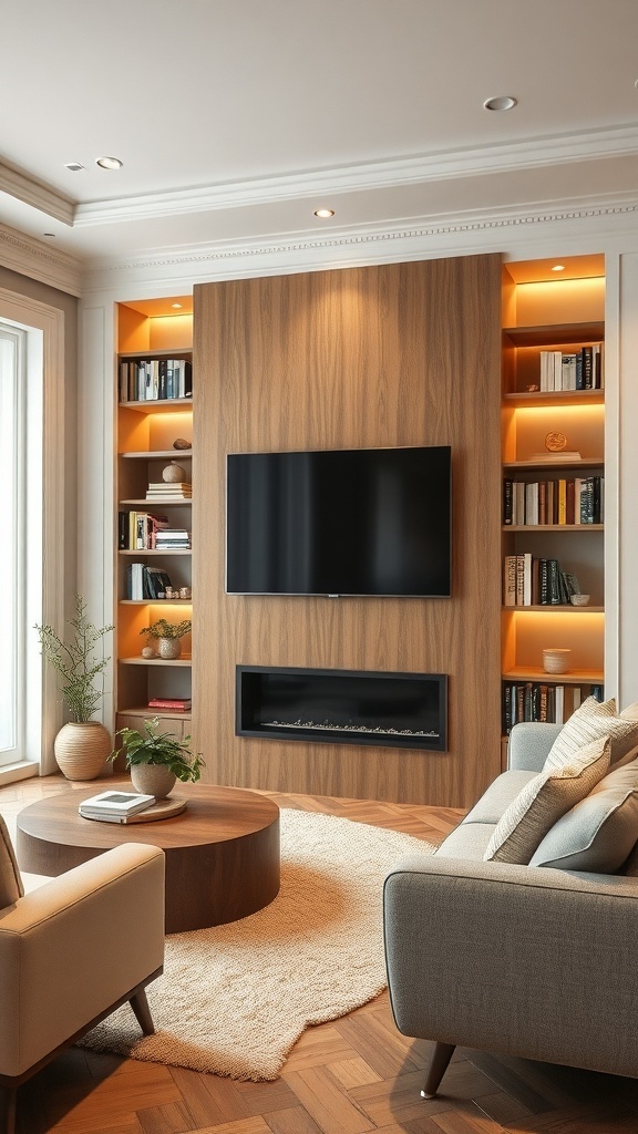 A stylish living room with a mounted TV, a cozy fireplace, and a wooden bookcase filled with books and decor.