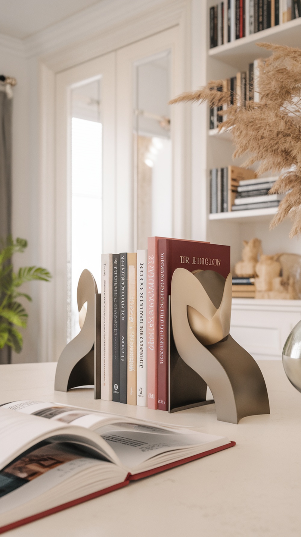 A stylish pair of bookends holding a collection of books on a study table, with an open book nearby.