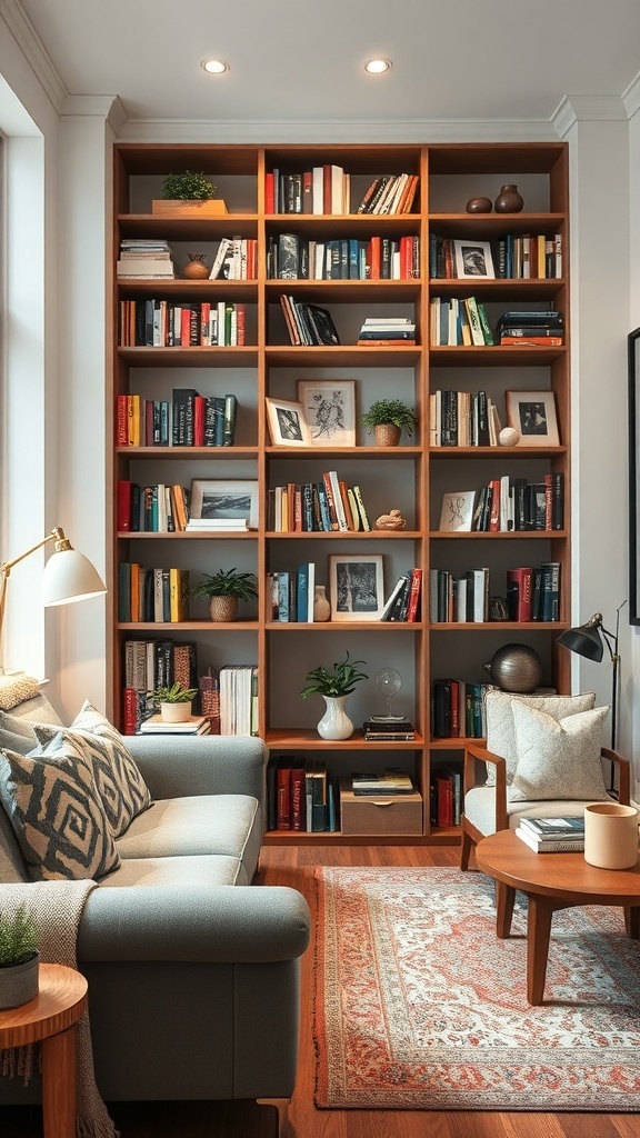 Stylish bookshelf filled with books and decorative items in a cozy apartment setting.