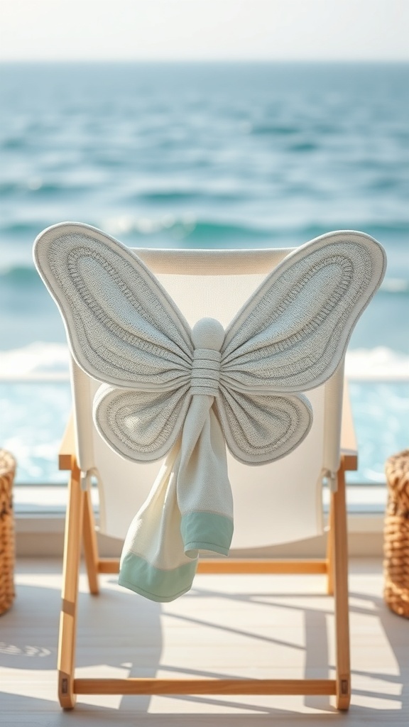 A towel folded into a butterfly shape on a chair by the ocean
