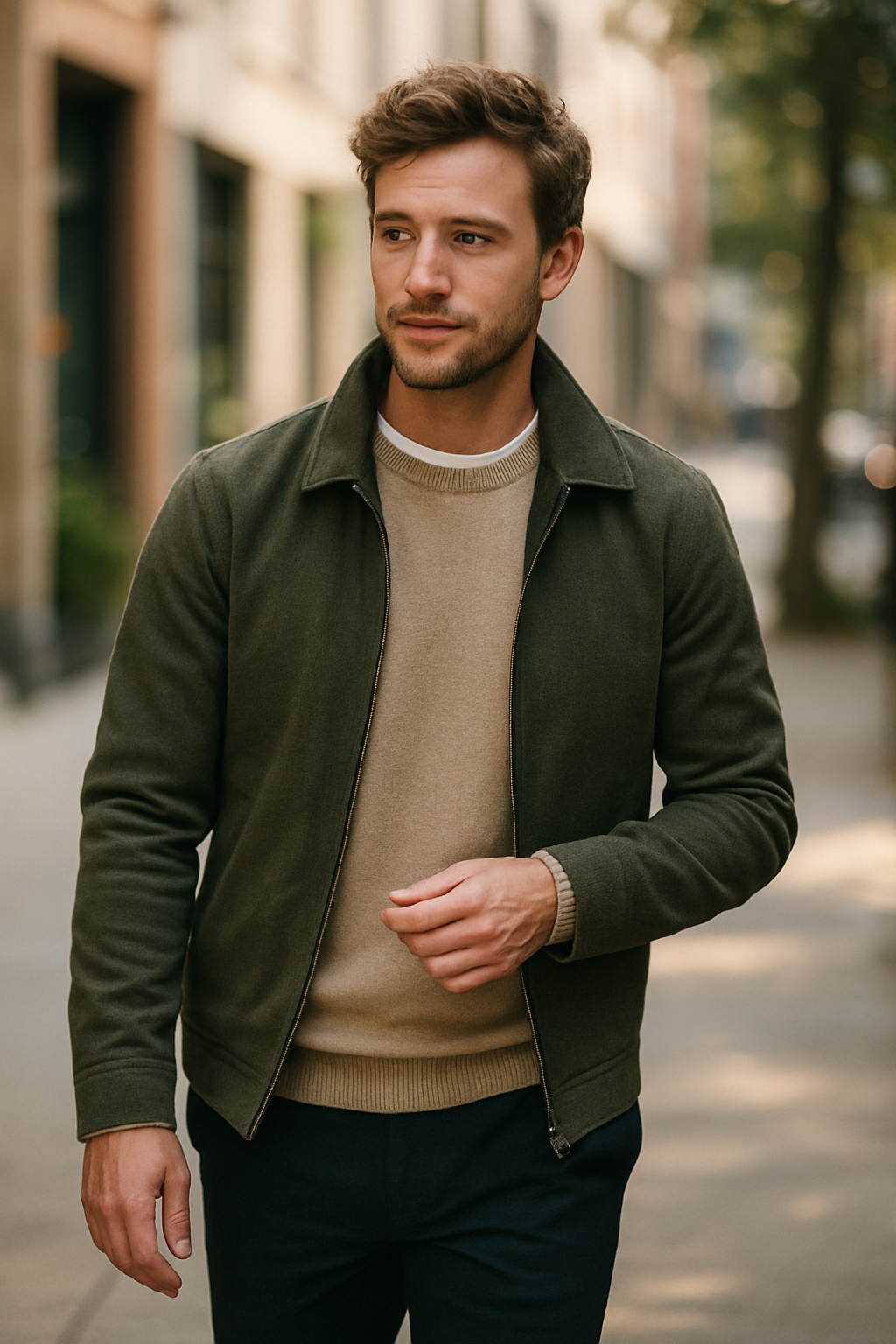 A man walking outdoors wearing a stylish button-up shirt with a jacket and sweater.