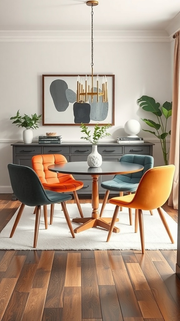 A small dining table surrounded by colorful chairs in a stylish setting.