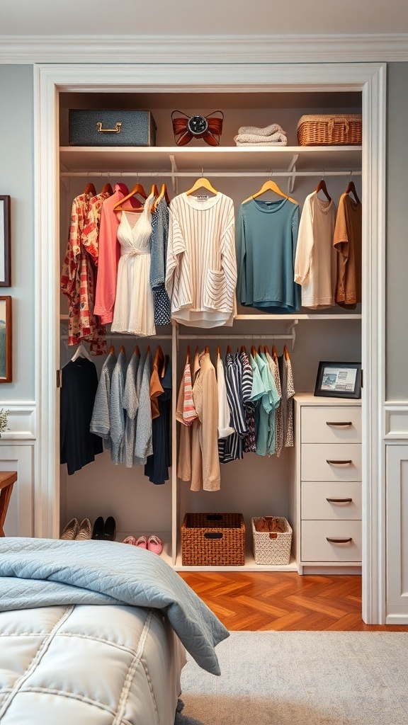 Organized closet with clothes on hangers, decorative boxes, and storage baskets.