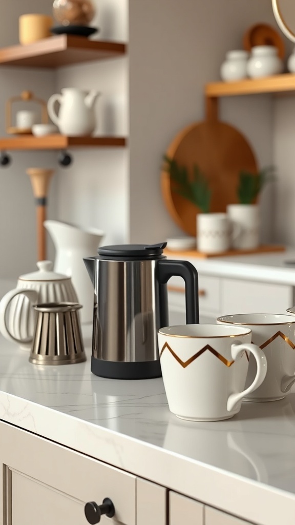 A stylish coffee setup on a kitchen counter featuring a metallic coffee pot, decorative mugs, and other coffee accessories.