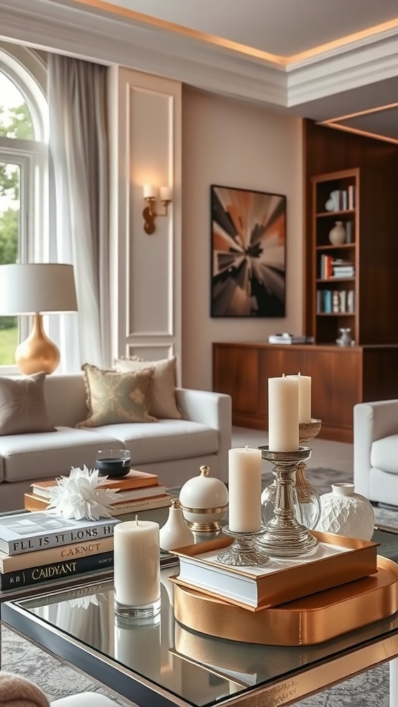 Stylish coffee table arrangement featuring books, candles, and decorative items in a luxury living room.