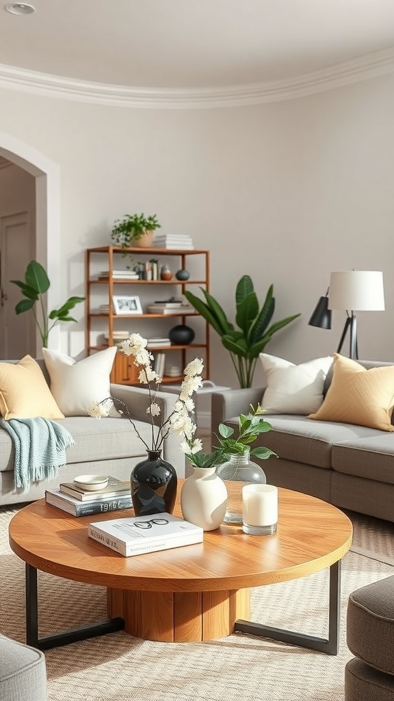 A cozy neutral living room with a stylish coffee table centerpiece featuring a wooden round table, decorative vases, candles, and stacked books.