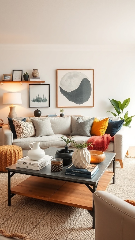 A stylish coffee table in a cozy living room with decorative items and books.
