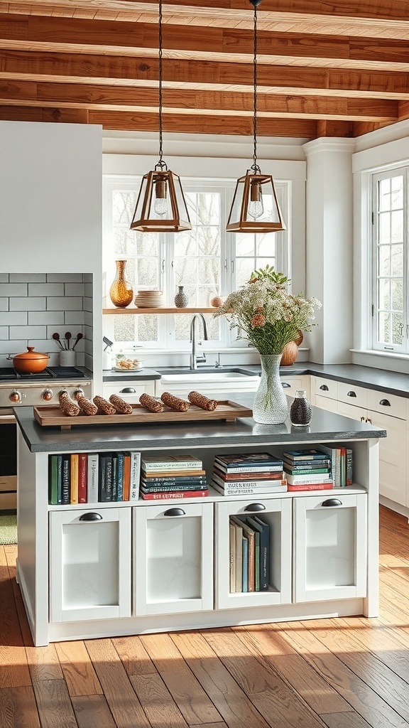 A stylish kitchen island showcasing an organized display of cookbooks and fresh flowers.
