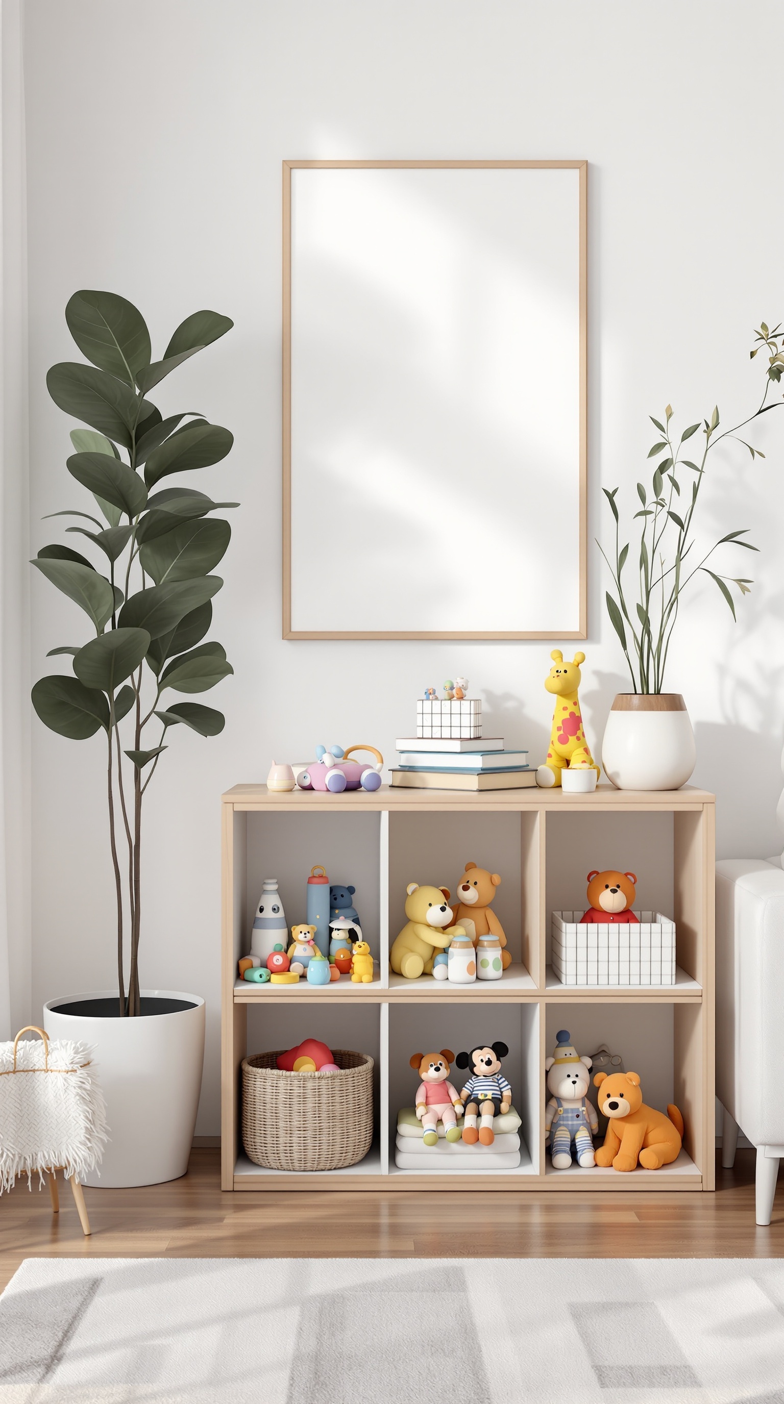 A stylish cube storage unit filled with colorful toys and decorative items in a living room.
