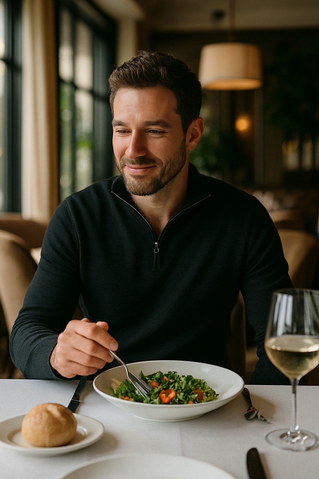 A man in a black quarter zip sweater enjoying a salad at a restaurant.