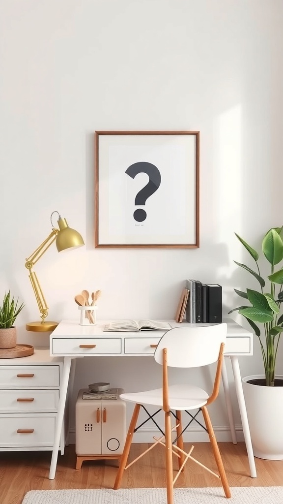 A stylish desk setup with a white desk, golden lamp, plant, and framed artwork.