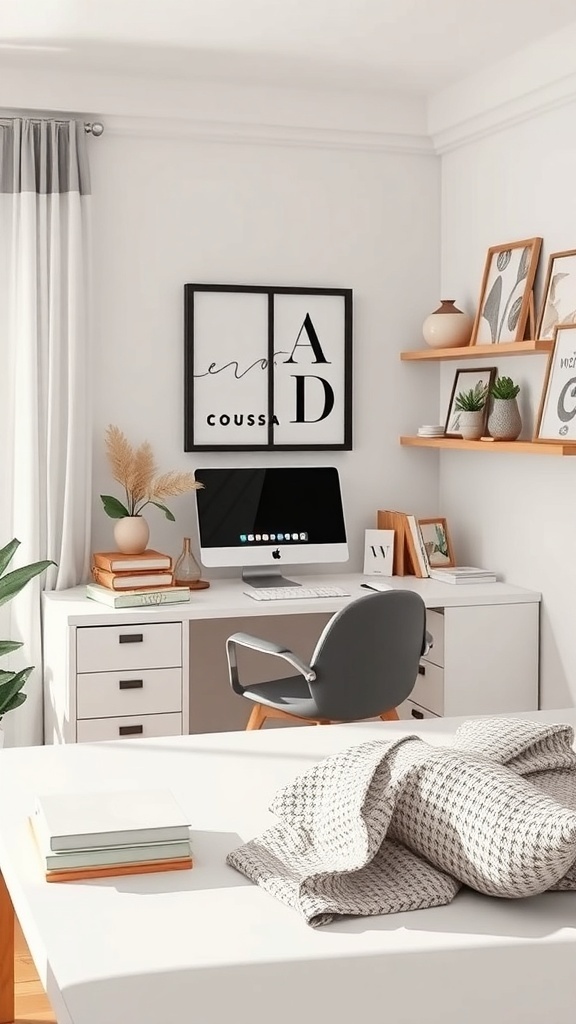 A cozy and stylish desk setup featuring a white desk, modern computer, decorative items, and organized books.
