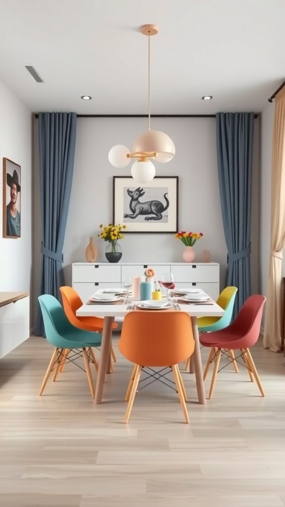 A stylish dining area with a modern table, colorful chairs, and elegant lighting.