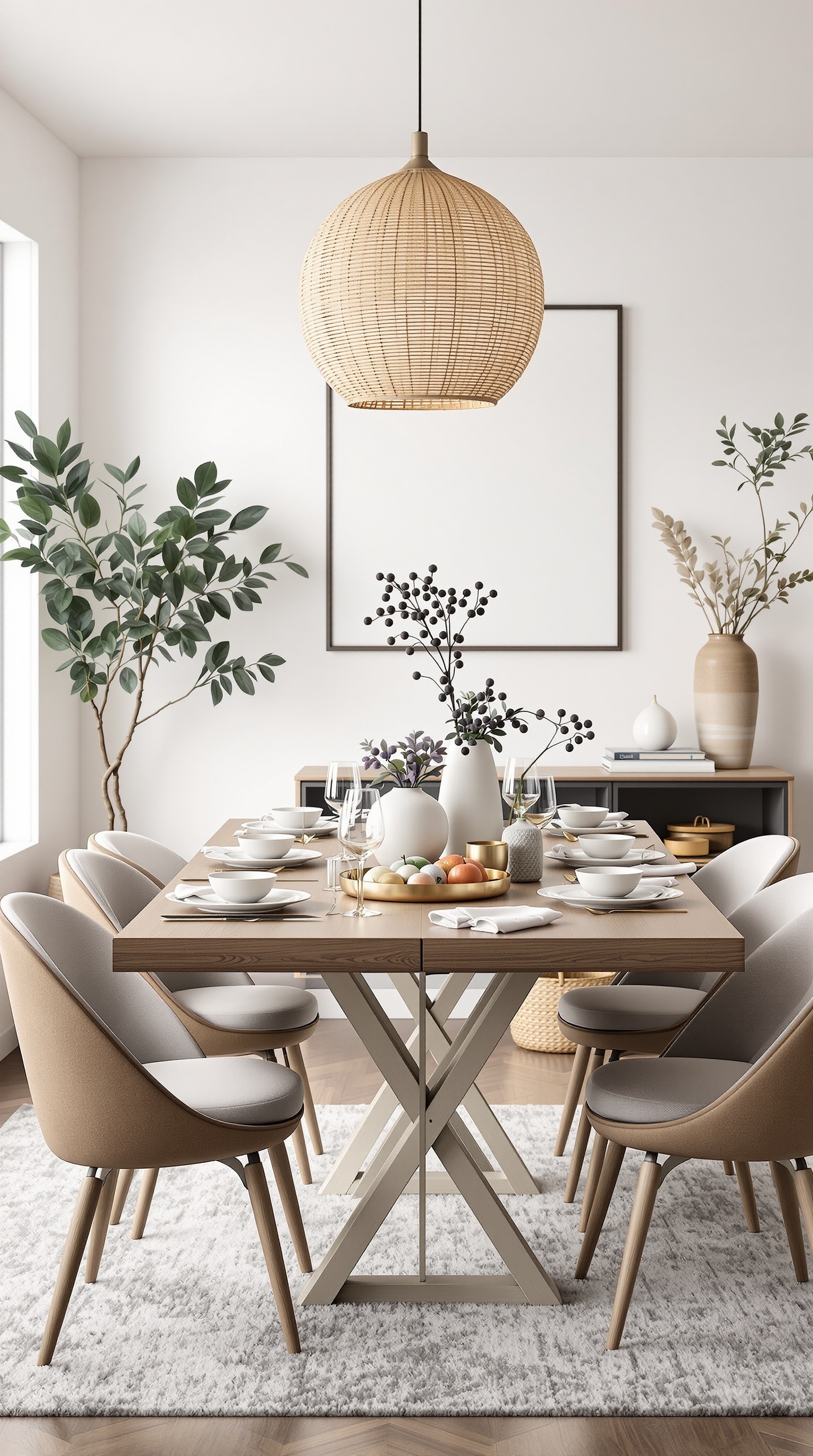 Stylish dining area with a wooden table, modern chairs, and decorative elements.