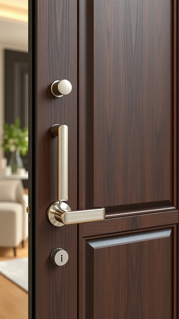 Close-up of modern door hardware on a wooden door, featuring a sleek handle and round knob.