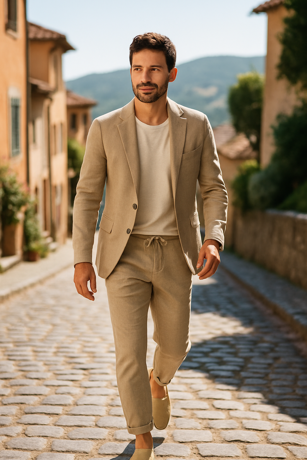 A man walking in a light linen suit and espadrilles on a cobblestone street.