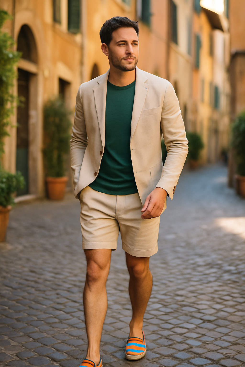 A man in a light blazer and shorts walking down a cobblestone street, wearing colorful espadrilles.