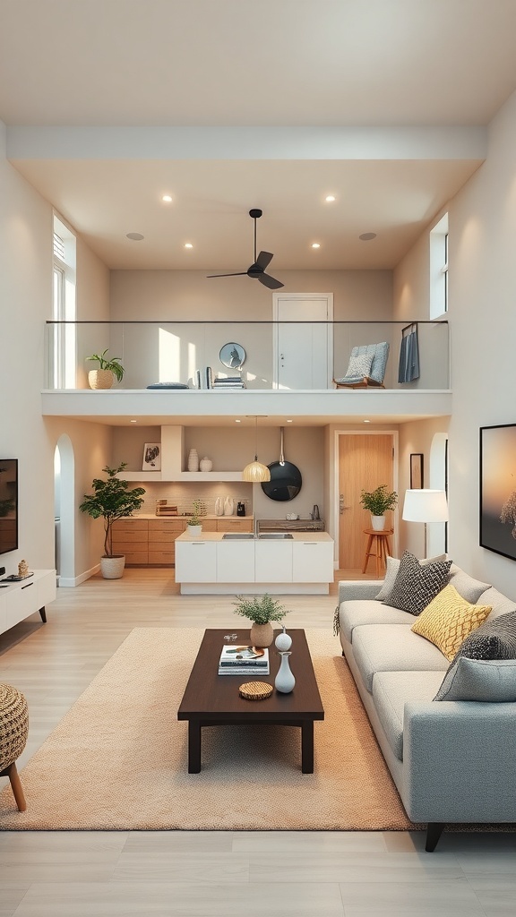 Stylish one-storey family home interior with open living area and modern kitchen.