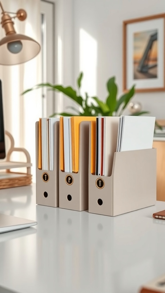 Stylish beige file holders organized on a desk with paperwork inside