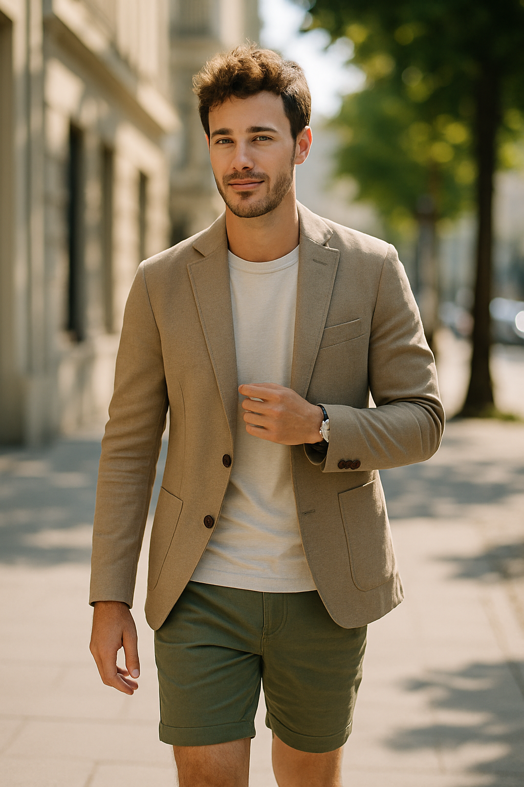 A man wearing a light blazer and shorts walking outdoors.