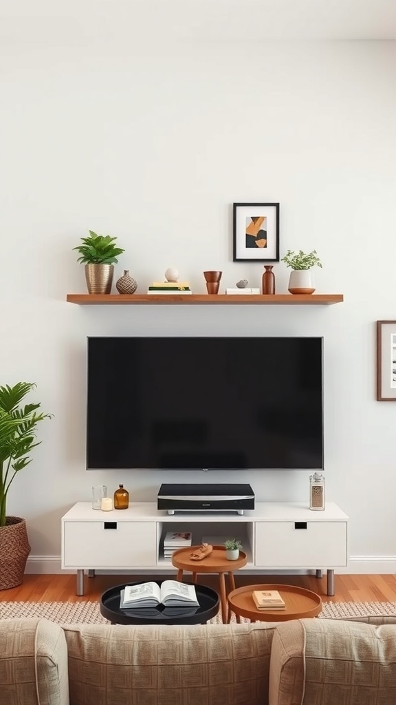 A modern media room featuring a floating shelf above a TV, decorated with plants and vases.