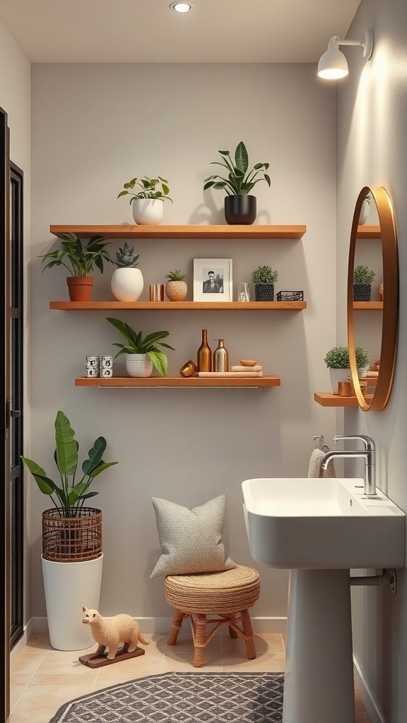 A stylish bathroom featuring floating wooden shelves with plants and decorative items.