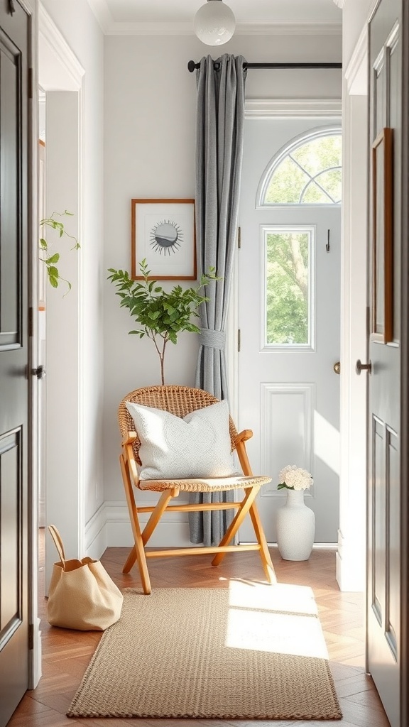 A stylish folding chair in a bright entryway with a potted plant and a rug.