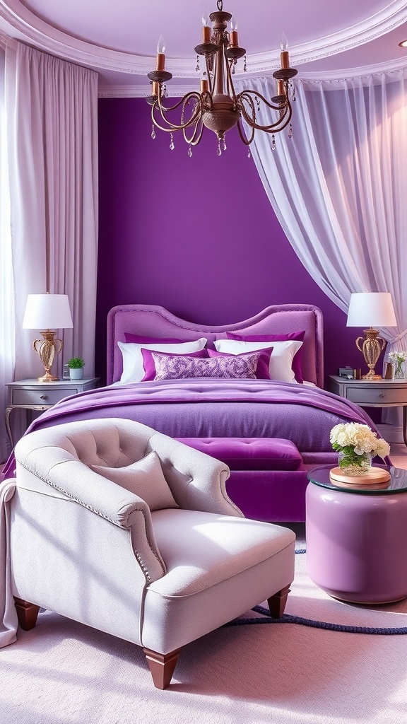A stylish purple bedroom featuring a plush bed, elegant armchair, and a chandelier.