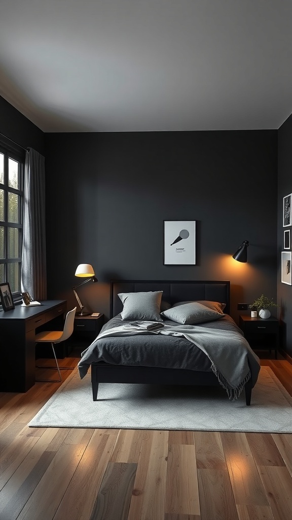 A stylish dark teen bedroom featuring a bed, desk, and modern lighting.