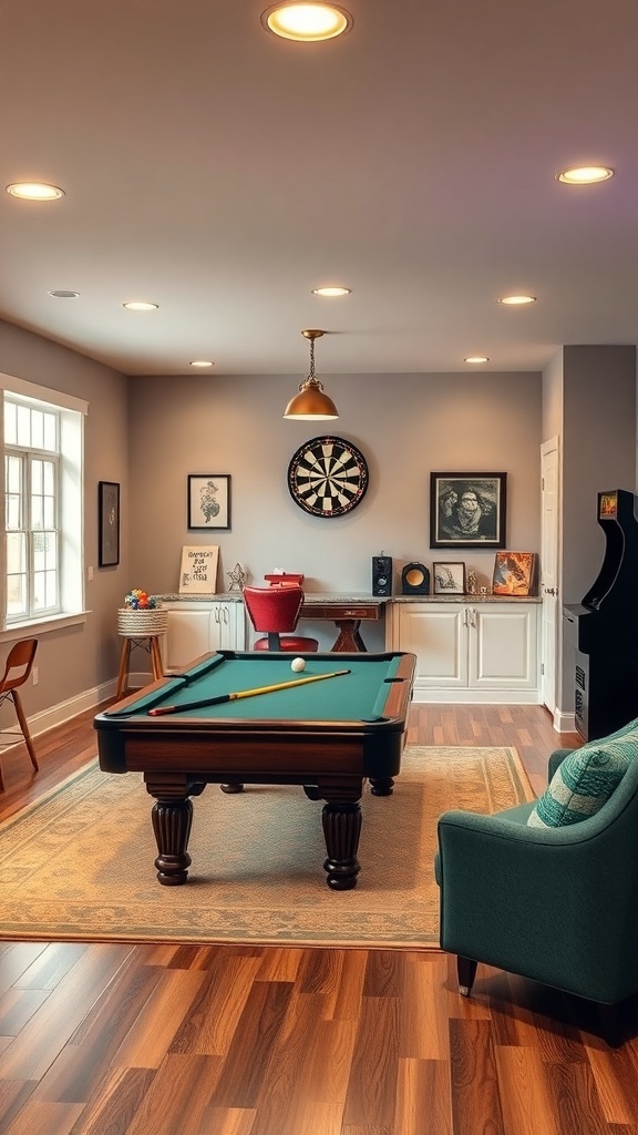 A stylish game room featuring a pool table, dartboard, and comfortable seating.