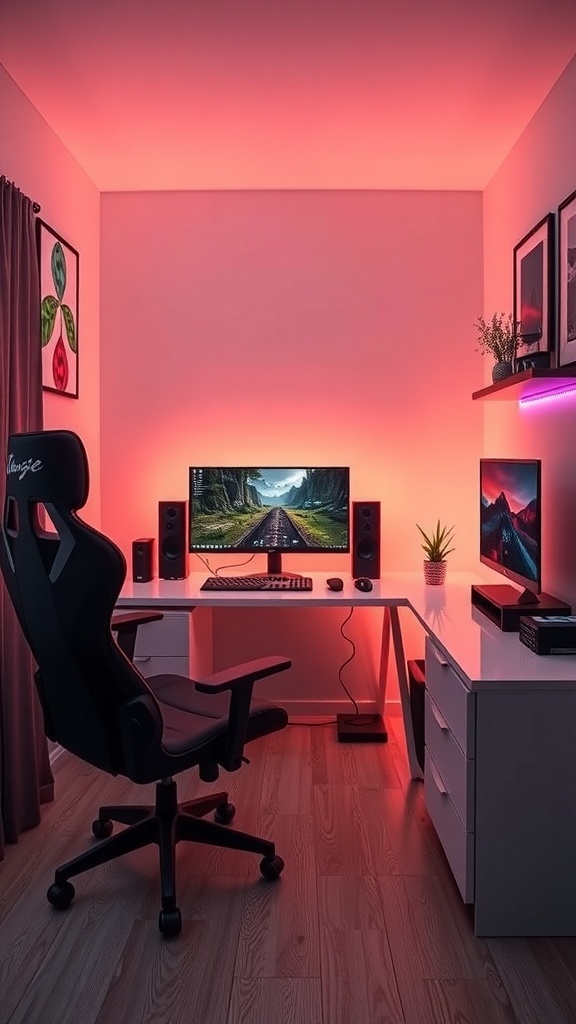 Stylish gaming desk setup with a monitor, speakers, and ambient lighting.