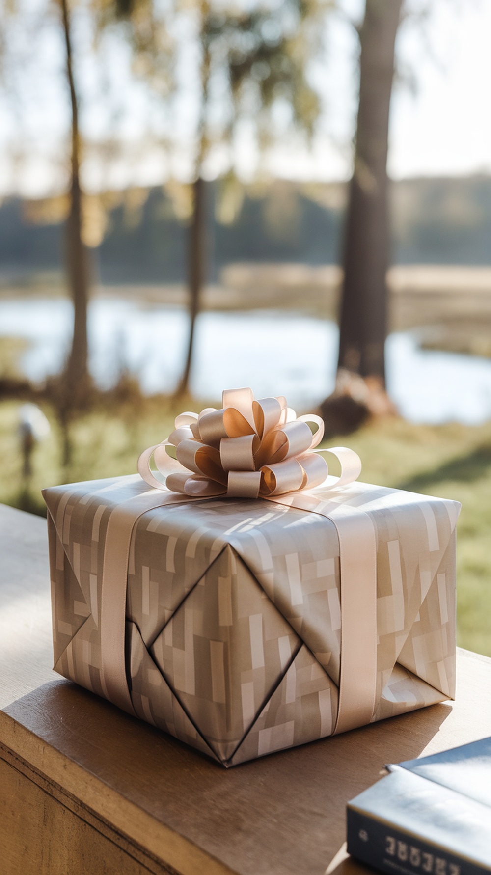 A beautifully wrapped gift with a modern geometric design and a soft ribbon, placed on a wooden surface with a natural background.