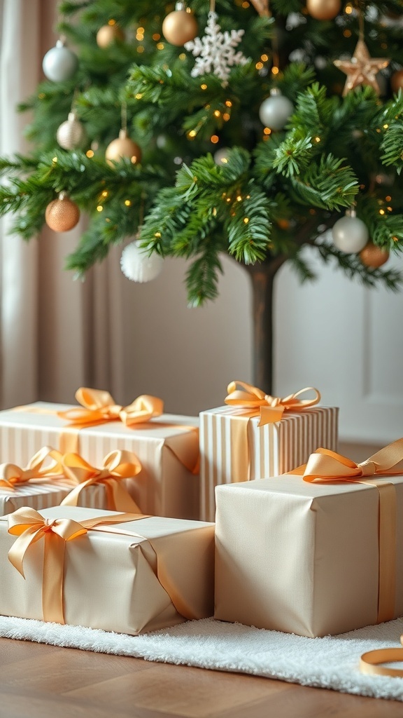 Stylishly wrapped gifts under a Christmas tree with elegant ribbons and decorations.