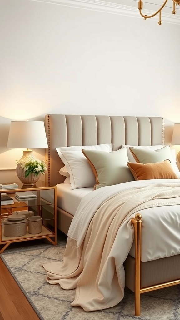 A stylish bedroom featuring gold nightstands beside a plush bed with soft bedding.