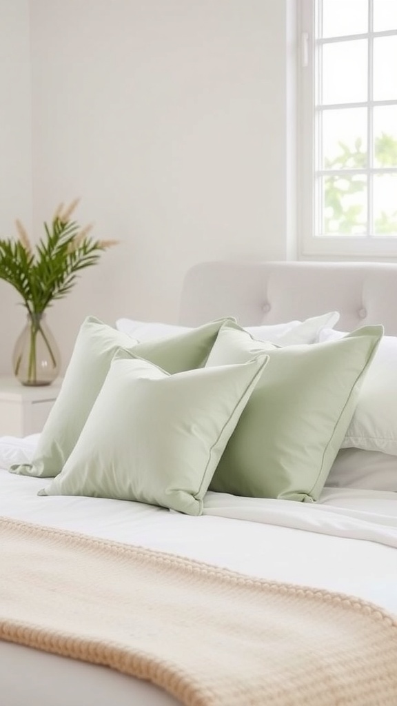 Light green throw pillows on a bed in a bright bedroom