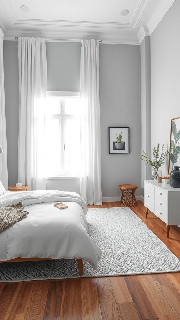 A stylish grey area rug in a modern bedroom with light grey walls and white bedding.