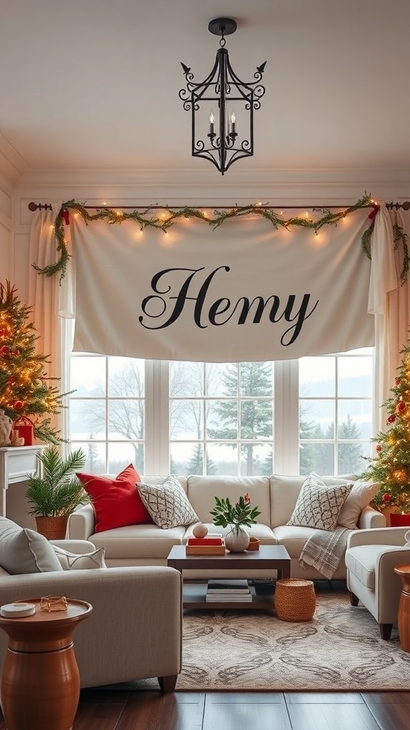 A cozy living room decorated for Christmas with a banner that reads 'Hemy' and festive decor.