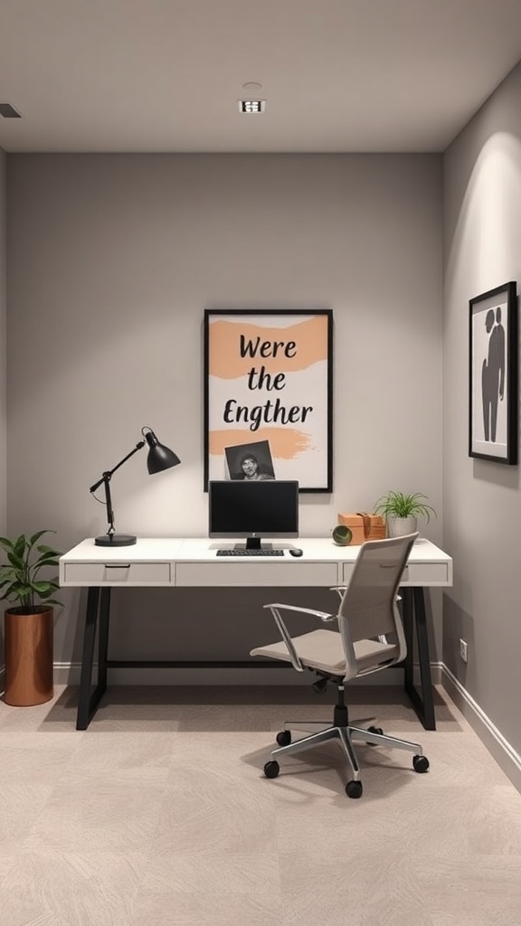 Stylish home office in a cozy basement with a modern desk, computer, and plants.