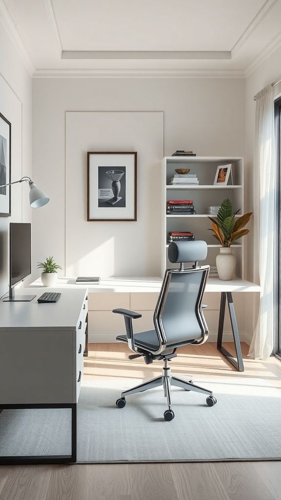 A modern home office featuring a sleek desk, ergonomic chair, and stylish decor.