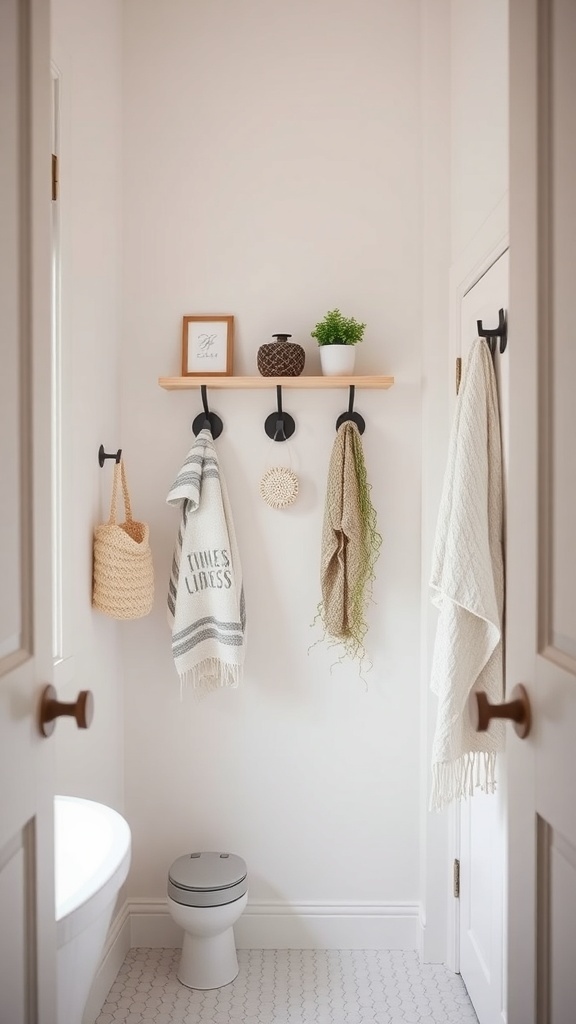 A small bathroom featuring a wooden shelf with decorative items and black hooks holding towels and a bag.
