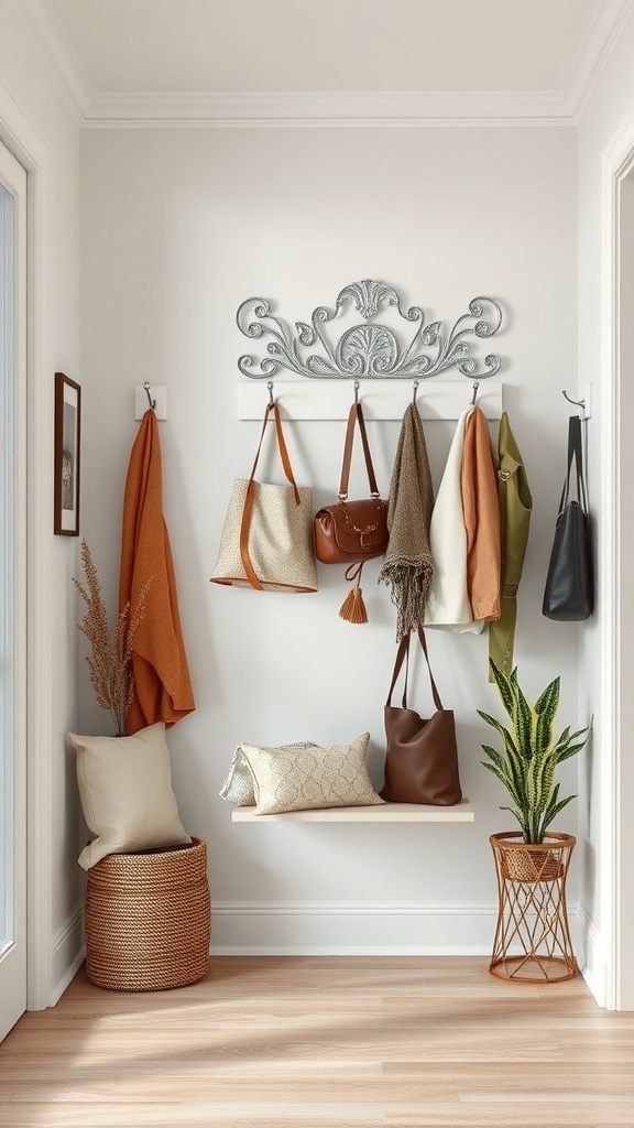 A stylish entryway with decorative hooks for coats and bags, featuring a cozy bench and plants.