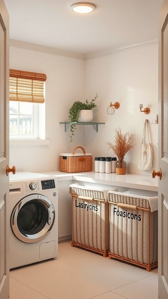 Stylish laundry room featuring woven hampers and a wicker basket.