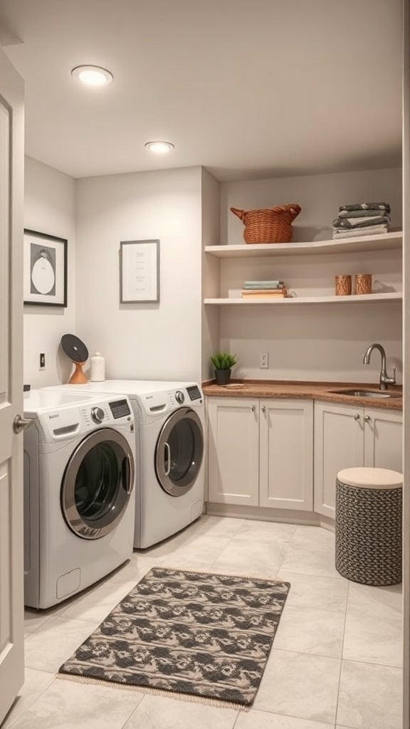 Stylish laundry room with modern appliances, wooden countertop, open shelves, and cozy rug