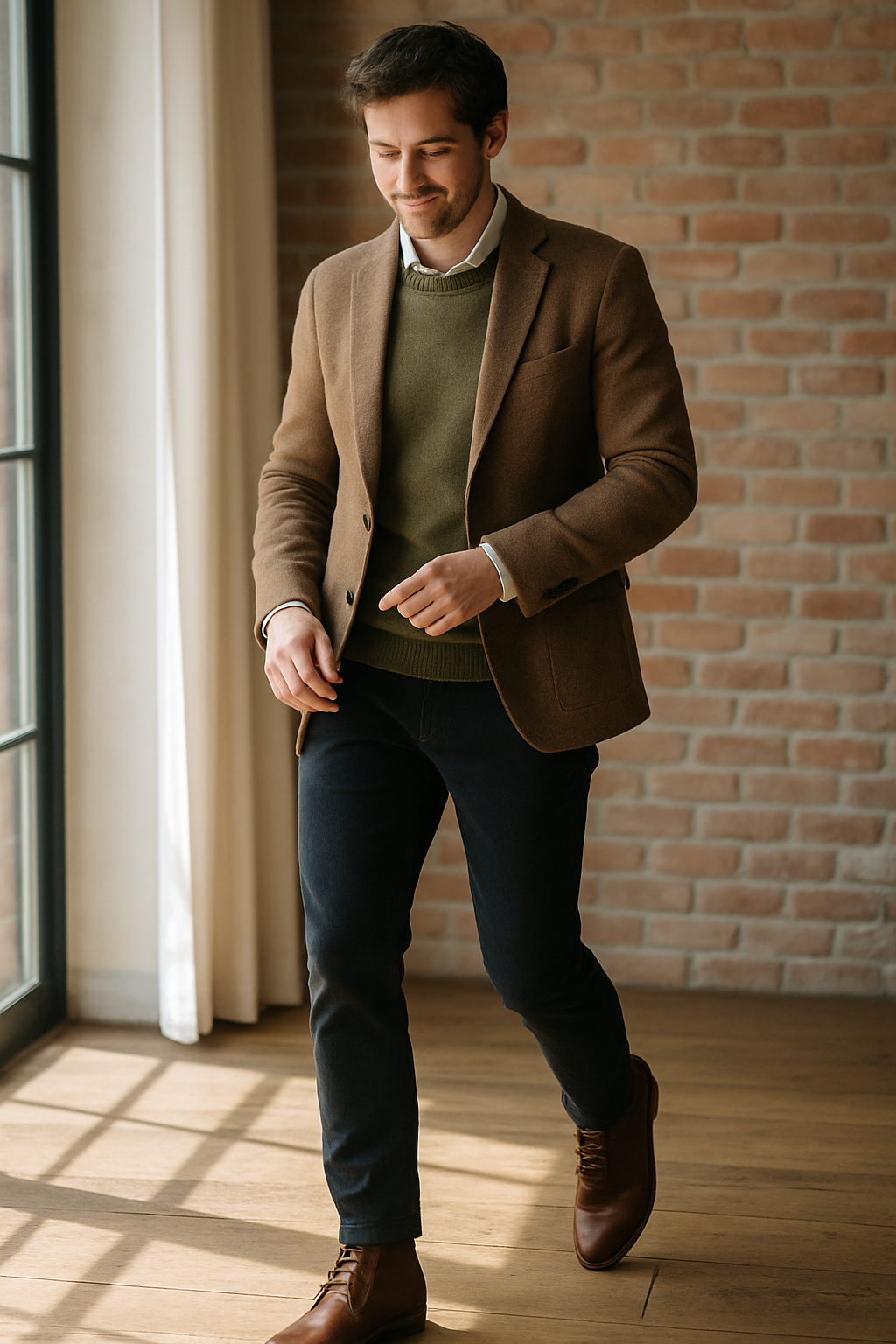 A man walking in stylish leather chukka boots, wearing a blazer and sweater, against a brick wall.