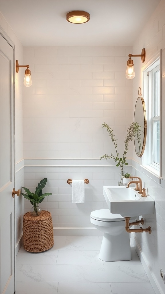 A small half bathroom with stylish lighting fixtures, featuring wall sconces and a ceiling light, complemented by a plant and modern decor.