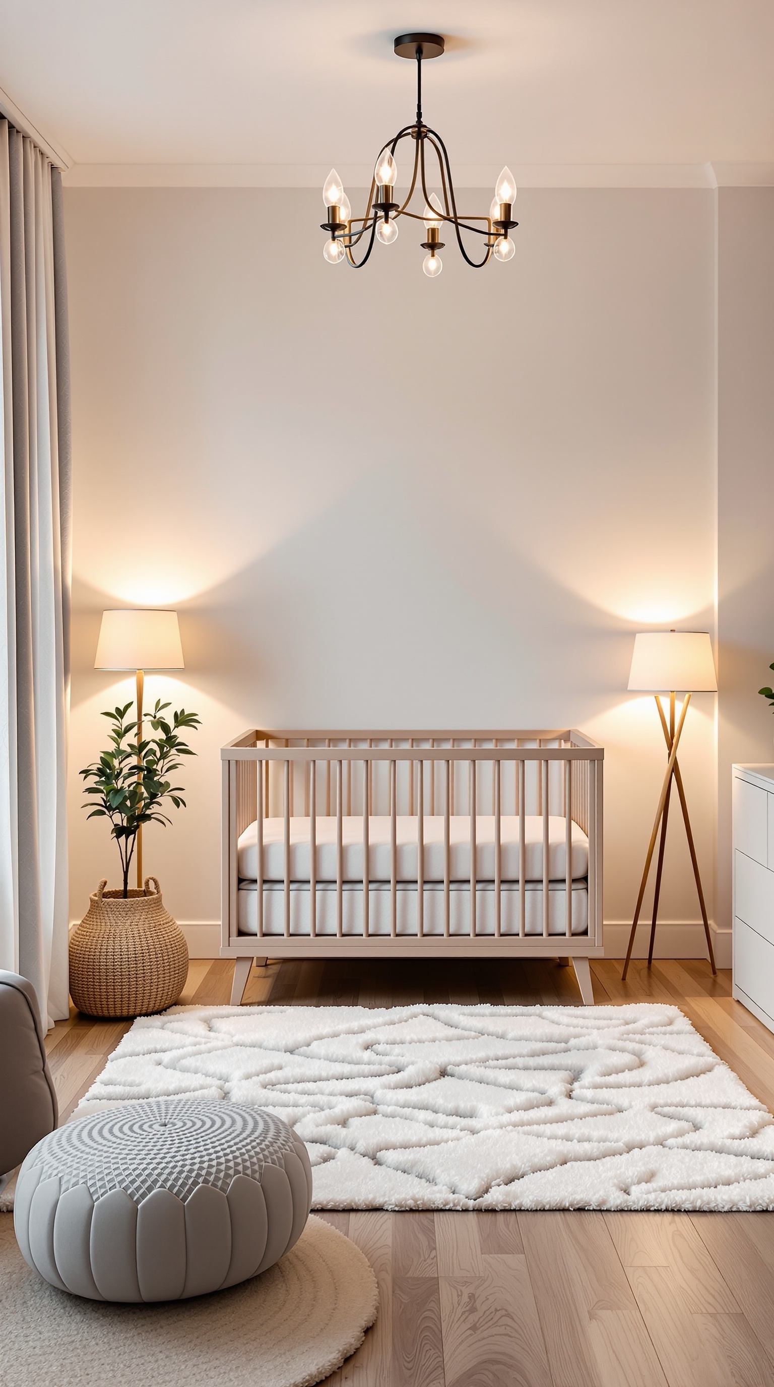 A modern baby room featuring stylish lighting fixtures, including a chandelier and floor lamps.