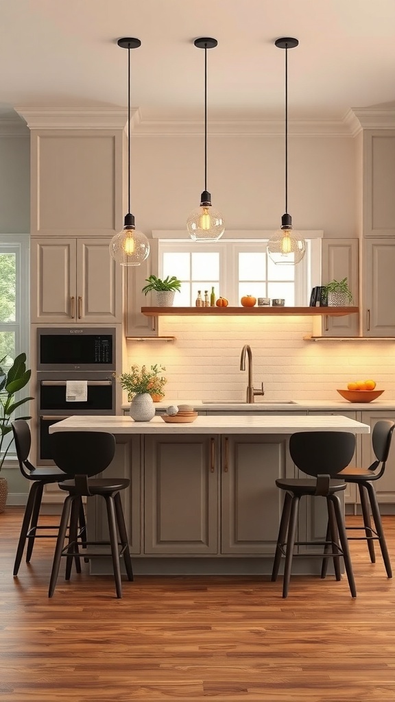 Modern kitchen island with stylish pendant lighting and seating